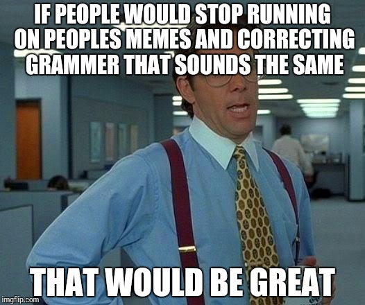 That Would Be Great Meme | IF PEOPLE WOULD STOP RUNNING ON PEOPLES MEMES AND CORRECTING GRAMMER THAT SOUNDS THE SAME; THAT WOULD BE GREAT | image tagged in memes,that would be great | made w/ Imgflip meme maker