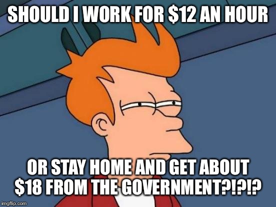Futurama Fry Meme | SHOULD I WORK FOR $12 AN HOUR OR STAY HOME AND GET ABOUT $18 FROM THE GOVERNMENT?!?!? | image tagged in memes,futurama fry | made w/ Imgflip meme maker