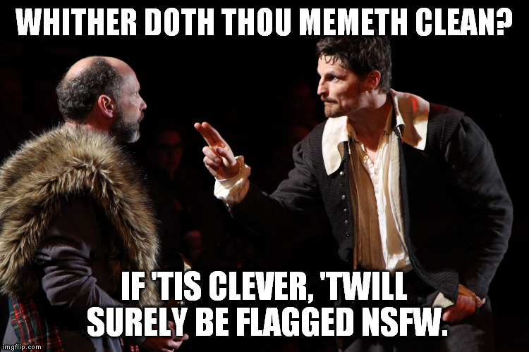 Meant to say  "anon" at the end of that... Oops. | WHITHER DOTH THOU MEMETH CLEAN? IF 'TIS CLEVER, 'TWILL SURELY BE FLAGGED NSFW. | image tagged in shakespearean actor makes a point,flag,nsfw,clean | made w/ Imgflip meme maker