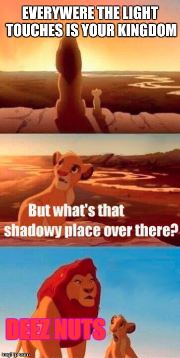 Simba Shadowy Place Meme | EVERYWERE THE LIGHT TOUCHES IS YOUR KINGDOM; DEEZ NUTS | image tagged in memes,simba shadowy place | made w/ Imgflip meme maker