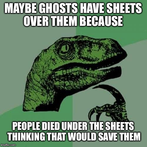 Philosoraptor Meme | MAYBE GHOSTS HAVE SHEETS OVER THEM BECAUSE; PEOPLE DIED UNDER THE SHEETS THINKING THAT WOULD SAVE THEM | image tagged in memes,philosoraptor | made w/ Imgflip meme maker