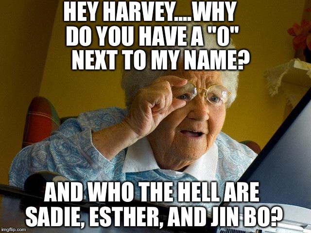 Grandma Finds The Internet Meme | HEY HARVEY....WHY DO YOU HAVE A "0" NEXT TO MY NAME? AND WHO THE HELL ARE SADIE, ESTHER, AND JIN BO? | image tagged in memes,grandma finds the internet | made w/ Imgflip meme maker