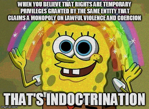 Imagination Spongebob | WHEN YOU BELIEVE THAT RIGHTS ARE TEMPORARY PRIVILEGES GRANTED BY THE SAME ENTITY THAT CLAIMS A MONOPOLY ON LAWFUL VIOLENCE AND COERCION; THAT'S INDOCTRINATION | image tagged in memes,imagination spongebob | made w/ Imgflip meme maker