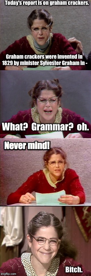 Today's report is on graham crackers. Graham crackers were invented in 1829 by minister Sylvester Graham in - What?  Grammar?  oh. B**ch. | made w/ Imgflip meme maker