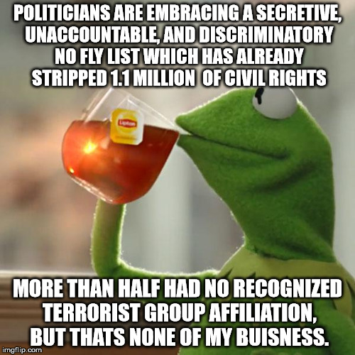 But That's None Of My Business | POLITICIANS ARE EMBRACING A SECRETIVE, UNACCOUNTABLE, AND DISCRIMINATORY NO FLY LIST WHICH HAS ALREADY STRIPPED 1.1 MILLION  OF CIVIL RIGHTS; MORE THAN HALF HAD NO RECOGNIZED TERRORIST GROUP AFFILIATION, BUT THATS NONE OF MY BUISNESS. | image tagged in memes,but thats none of my business,kermit the frog | made w/ Imgflip meme maker