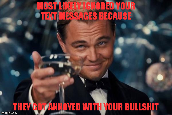 Leonardo Dicaprio Cheers Meme | MOST LIKELY IGNORED YOUR TEXT MESSAGES BECAUSE; THEY GOT ANNOYED WITH YOUR BULLSHIT | image tagged in memes,leonardo dicaprio cheers | made w/ Imgflip meme maker