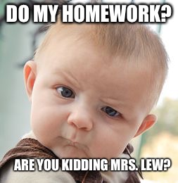 Skeptical Baby | DO MY HOMEWORK? ARE YOU KIDDING MRS. LEW? | image tagged in memes,skeptical baby | made w/ Imgflip meme maker