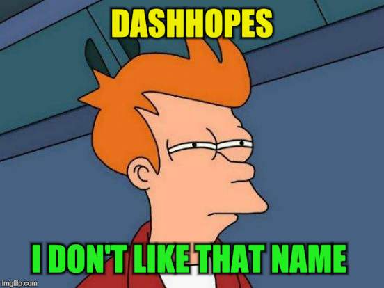 Futurama Fry Meme | DASHHOPES I DON'T LIKE THAT NAME | image tagged in memes,futurama fry | made w/ Imgflip meme maker