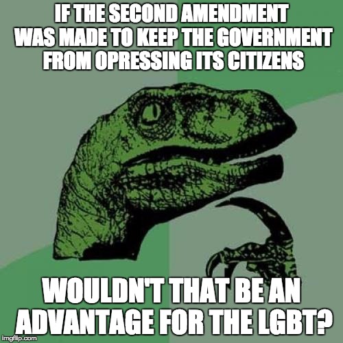 The LGBT can overthrow the homophobic and transphobic politicians!  |  IF THE SECOND AMENDMENT WAS MADE TO KEEP THE GOVERNMENT FROM OPRESSING ITS CITIZENS; WOULDN'T THAT BE AN ADVANTAGE FOR THE LGBT? | image tagged in memes,philosoraptor | made w/ Imgflip meme maker