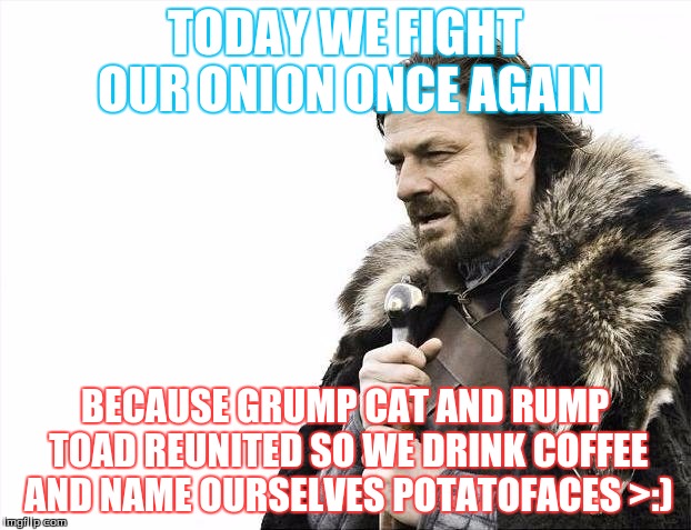 Brace Yourselves X is Coming Meme | TODAY WE FIGHT OUR ONION ONCE AGAIN; BECAUSE GRUMP CAT AND RUMP TOAD REUNITED SO WE DRINK COFFEE AND NAME OURSELVES POTATOFACES >:) | image tagged in memes,brace yourselves x is coming | made w/ Imgflip meme maker
