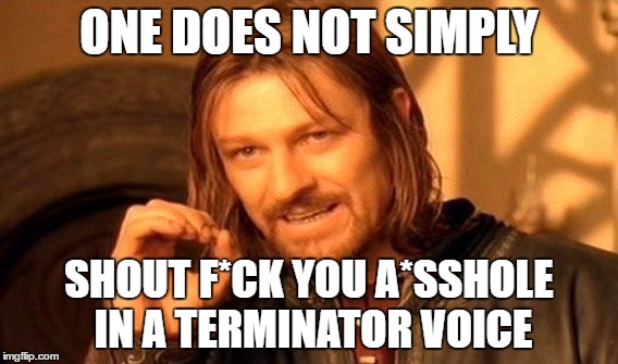 One Does Not Simply | ONE DOES NOT SIMPLY; SHOUT F*CK YOU A*SSHOLE IN A TERMINATOR VOICE | image tagged in memes,one does not simply | made w/ Imgflip meme maker
