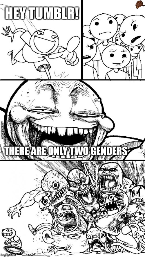 Hey Internet | HEY TUMBLR! THERE ARE ONLY TWO GENDERS | image tagged in memes,hey internet,scumbag | made w/ Imgflip meme maker