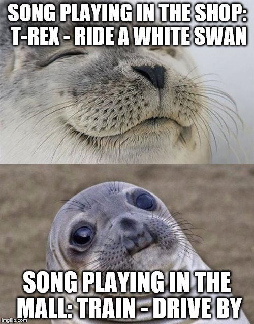 The old ones are the best... | SONG PLAYING IN THE SHOP: T-REX - RIDE A WHITE SWAN; SONG PLAYING IN THE MALL: TRAIN - DRIVE BY | image tagged in memes,short satisfaction vs truth,music,shopping,t-rex | made w/ Imgflip meme maker