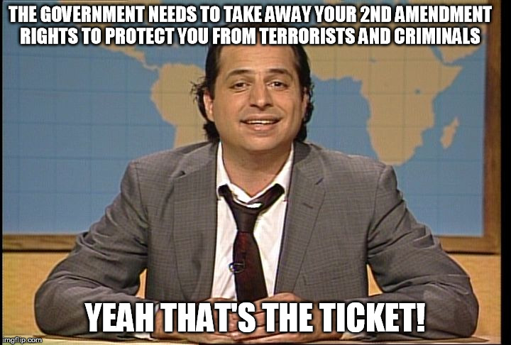 JON LOVITZ SNL LIAR | THE GOVERNMENT NEEDS TO TAKE AWAY YOUR 2ND AMENDMENT RIGHTS TO PROTECT YOU FROM TERRORISTS AND CRIMINALS; YEAH THAT'S THE TICKET! | image tagged in jon lovitz snl liar,2nd amendment,gun control | made w/ Imgflip meme maker