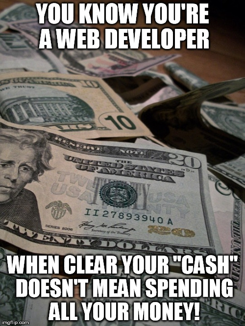 Clear Your "Cash" | YOU KNOW YOU'RE A WEB DEVELOPER; WHEN CLEAR YOUR "CASH" DOESN'T MEAN SPENDING ALL YOUR MONEY! | image tagged in cache,web design,web developer,cash | made w/ Imgflip meme maker