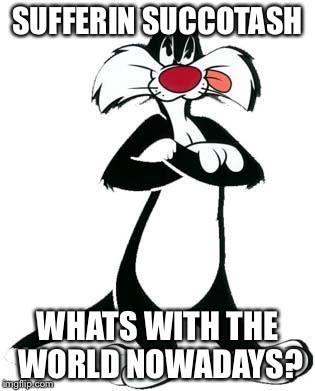 Sylvester the Cat | SUFFERIN SUCCOTASH; WHATS WITH THE WORLD NOWADAYS? | image tagged in sylvester the cat | made w/ Imgflip meme maker