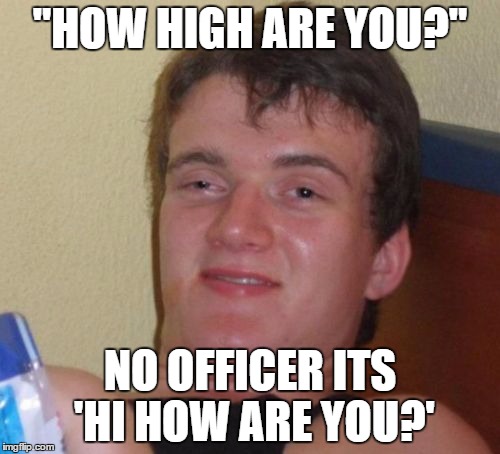 10 Guy Meme | "HOW HIGH ARE YOU?"; NO OFFICER ITS 'HI HOW ARE YOU?' | image tagged in memes,10 guy | made w/ Imgflip meme maker