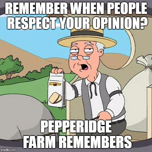 Pepperidge Farm Remembers | REMEMBER WHEN PEOPLE RESPECT YOUR OPINION? PEPPERIDGE FARM REMEMBERS | image tagged in memes,pepperidge farm remembers | made w/ Imgflip meme maker