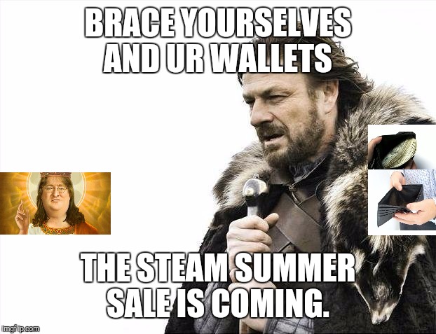 Brace Yourselves X is Coming | BRACE YOURSELVES AND UR WALLETS; THE STEAM SUMMER SALE IS COMING. | image tagged in memes,brace yourselves x is coming | made w/ Imgflip meme maker