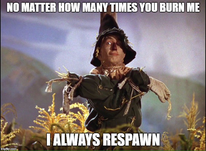 Wizard of Oz Scarecrow which way | NO MATTER HOW MANY TIMES YOU BURN ME; I ALWAYS RESPAWN | image tagged in wizard of oz scarecrow which way | made w/ Imgflip meme maker