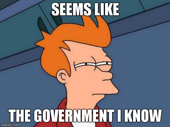 Futurama Fry Meme | SEEMS LIKE THE GOVERNMENT I KNOW | image tagged in memes,futurama fry | made w/ Imgflip meme maker