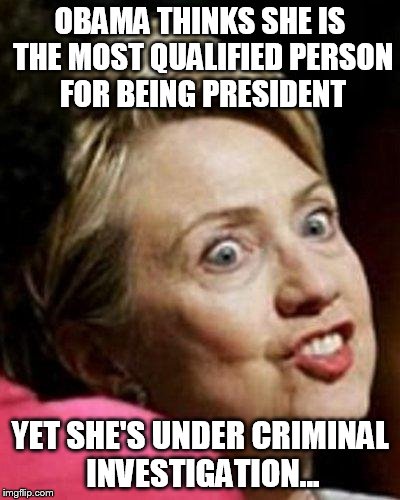 Hillary Clinton Fish | OBAMA THINKS SHE IS THE MOST QUALIFIED PERSON FOR BEING PRESIDENT; YET SHE'S UNDER CRIMINAL INVESTIGATION... | image tagged in hillary clinton fish | made w/ Imgflip meme maker