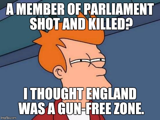 Futurama Fry Meme | A MEMBER OF PARLIAMENT SHOT AND KILLED? I THOUGHT ENGLAND WAS A GUN-FREE ZONE. | image tagged in memes,futurama fry | made w/ Imgflip meme maker