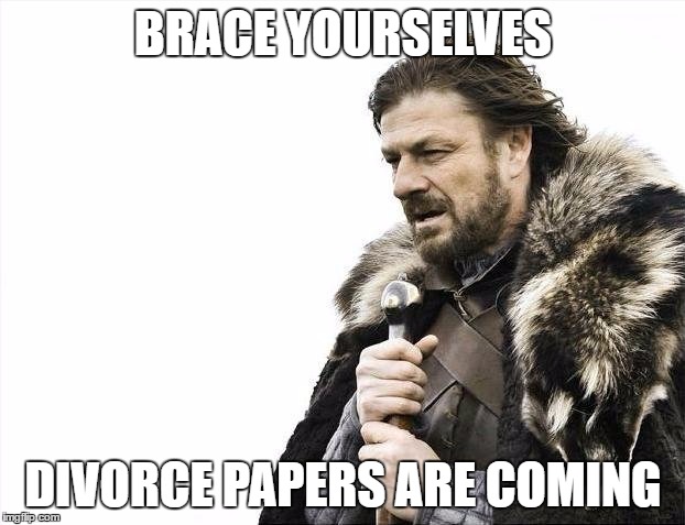 BRACE YOURSELVES DIVORCE PAPERS ARE COMING | image tagged in memes,brace yourselves x is coming | made w/ Imgflip meme maker