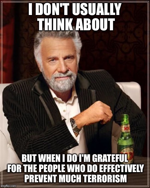 The Most Interesting Man In The World Meme | I DON'T USUALLY THINK ABOUT BUT WHEN I DO I'M GRATEFUL FOR THE PEOPLE WHO DO EFFECTIVELY PREVENT MUCH TERRORISM | image tagged in memes,the most interesting man in the world | made w/ Imgflip meme maker
