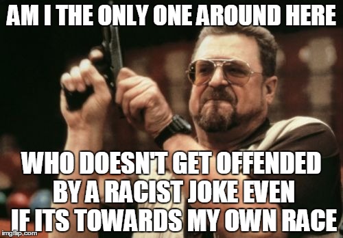 Be Honest do you get offended? | AM I THE ONLY ONE AROUND HERE; WHO DOESN'T GET OFFENDED BY A RACIST JOKE EVEN IF ITS TOWARDS MY OWN RACE | image tagged in memes,am i the only one around here | made w/ Imgflip meme maker