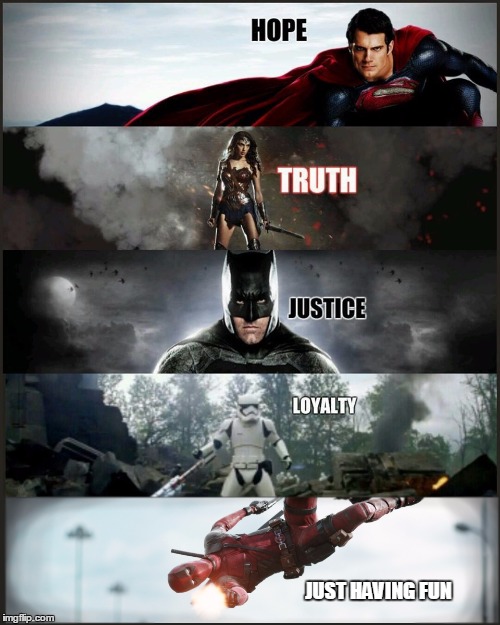 deadpool justice league |  JUST HAVING FUN | image tagged in deadpool justice league | made w/ Imgflip meme maker