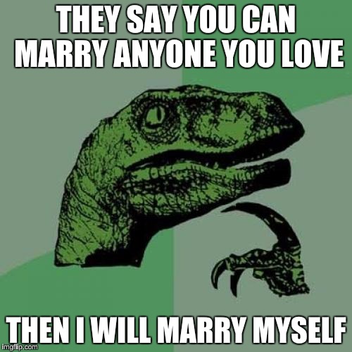 So, I can also marry my cat, my parents, and marry and then divorce my brother (cause I love-hate him) | THEY SAY YOU CAN MARRY ANYONE YOU LOVE; THEN I WILL MARRY MYSELF | image tagged in memes,philosoraptor | made w/ Imgflip meme maker