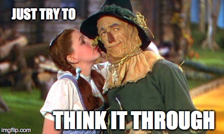 Try to Think it Through | JUST TRY TO; THINK IT THROUGH | image tagged in think,strawman,dorothy | made w/ Imgflip meme maker