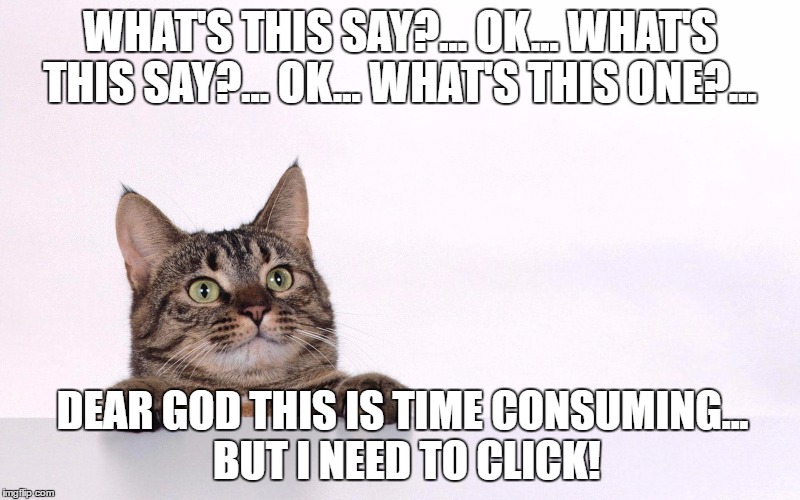Curious cat | WHAT'S THIS SAY?... OK... WHAT'S THIS SAY?... OK... WHAT'S THIS ONE?... DEAR GOD THIS IS TIME CONSUMING... BUT I NEED TO CLICK! | image tagged in curious cat | made w/ Imgflip meme maker