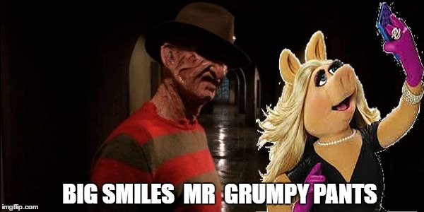 always look on the bright side of life... | BIG SMILES  MR  GRUMPY PANTS | image tagged in memes,freddy krueger,miss piggy,first world problems,selfies | made w/ Imgflip meme maker