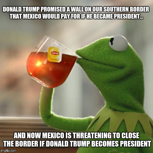 But That's None Of My Business Meme | DONALD TRUMP PROMISED A WALL ON OUR SOUTHERN BORDER THAT MEXICO WOULD PAY FOR IF HE BECAME PRESIDENT... AND NOW MEXICO IS THREATENING TO CLOSE THE BORDER IF DONALD TRUMP BECOMES PRESIDENT | image tagged in memes,but thats none of my business,kermit the frog | made w/ Imgflip meme maker