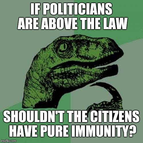 Philosoraptor | IF POLITICIANS ARE ABOVE THE LAW; SHOULDN'T THE CITIZENS HAVE PURE IMMUNITY? | image tagged in memes,philosoraptor | made w/ Imgflip meme maker