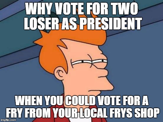 Futurama Fry | WHY VOTE FOR TWO LOSER AS PRESIDENT; WHEN YOU COULD VOTE FOR A FRY FROM YOUR LOCAL FRYS SHOP | image tagged in memes,futurama fry | made w/ Imgflip meme maker