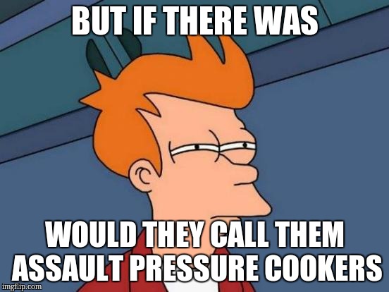 Futurama Fry Meme | BUT IF THERE WAS WOULD THEY CALL THEM ASSAULT PRESSURE COOKERS | image tagged in memes,futurama fry | made w/ Imgflip meme maker