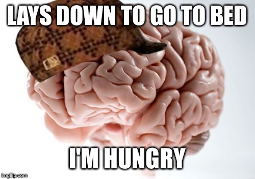 Scumbag Brain Meme | LAYS DOWN TO GO TO BED; I'M HUNGRY | image tagged in memes,scumbag brain | made w/ Imgflip meme maker