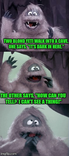 Bumbly | TWO BLOND YETI WALK INTO A CAVE. ONE SAYS, "IT'S DARK IN HERE."; THE OTHER SAYS, "HOW CAN YOU TELL?  I CAN'T SEE A THING!" | image tagged in joke | made w/ Imgflip meme maker