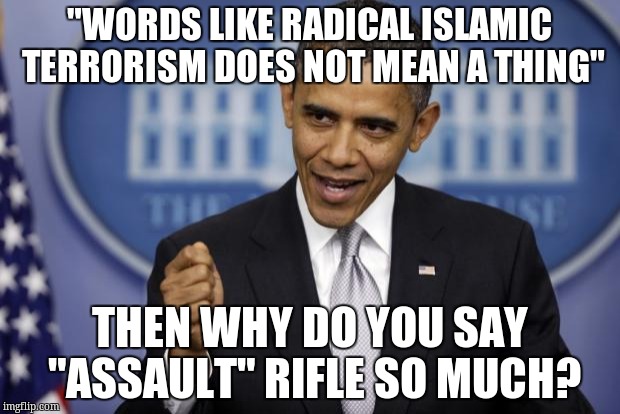 Barack Obama | "WORDS LIKE RADICAL ISLAMIC TERRORISM DOES NOT MEAN A THING"; THEN WHY DO YOU SAY "ASSAULT" RIFLE SO MUCH? | image tagged in barack obama | made w/ Imgflip meme maker