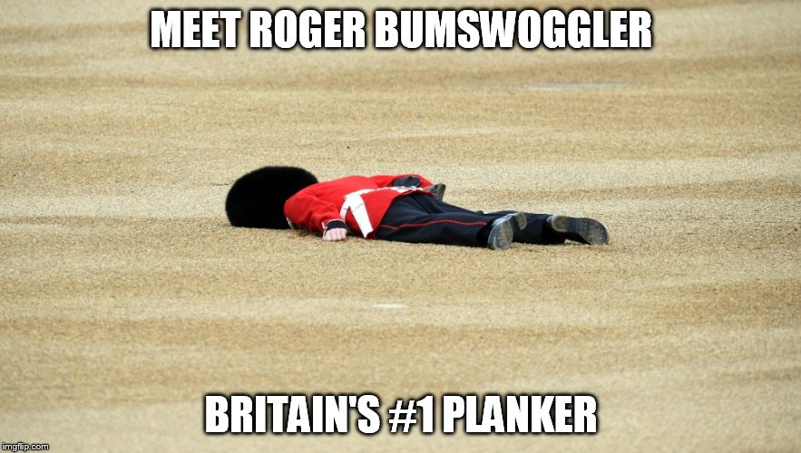 Fainted British Soldier | MEET ROGER BUMSWOGGLER; BRITAIN'S #1 PLANKER | image tagged in british,soldier,faint,parade | made w/ Imgflip meme maker