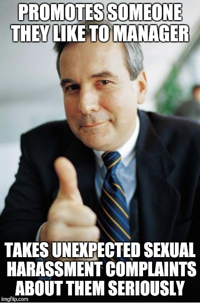 Good Guy Boss | PROMOTES SOMEONE THEY LIKE TO MANAGER; TAKES UNEXPECTED SEXUAL HARASSMENT COMPLAINTS ABOUT THEM SERIOUSLY | image tagged in good guy boss,AdviceAnimals | made w/ Imgflip meme maker