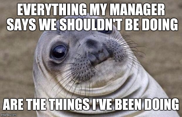 Awkward Moment Sealion Meme | EVERYTHING MY MANAGER SAYS WE SHOULDN'T BE DOING; ARE THE THINGS I'VE BEEN DOING | image tagged in memes,awkward moment sealion,AdviceAnimals | made w/ Imgflip meme maker