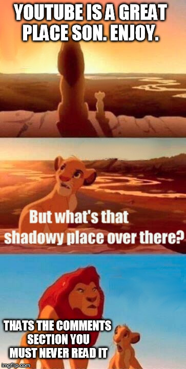 Simba Shadowy Place Meme | YOUTUBE IS A GREAT PLACE SON. ENJOY. THATS THE COMMENTS SECTION YOU MUST NEVER READ IT | image tagged in memes,simba shadowy place | made w/ Imgflip meme maker