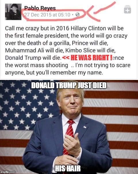 2016 prophecy | << HE WAS RIGHT ! DONALD TRUMP JUST DIED; HIS HAIR | image tagged in memes,prophet,donald trump | made w/ Imgflip meme maker