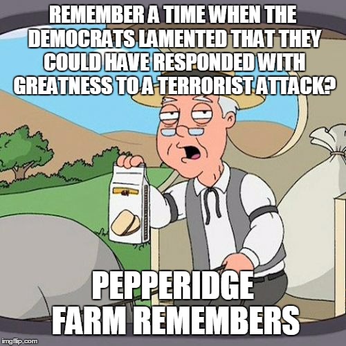 Pepperidge Farm Remembers | REMEMBER A TIME WHEN THE DEMOCRATS LAMENTED THAT THEY COULD HAVE RESPONDED WITH GREATNESS TO A TERRORIST ATTACK? PEPPERIDGE FARM REMEMBERS | image tagged in memes,pepperidge farm remembers | made w/ Imgflip meme maker