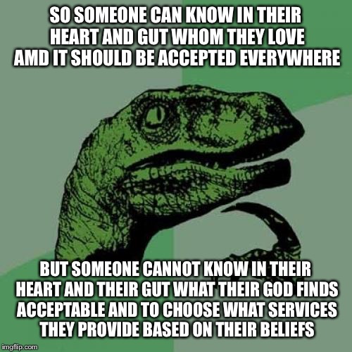 Tolerance: It Goes Both Ways | SO SOMEONE CAN KNOW IN THEIR HEART AND GUT WHOM THEY LOVE AMD IT SHOULD BE ACCEPTED EVERYWHERE; BUT SOMEONE CANNOT KNOW IN THEIR HEART AND THEIR GUT WHAT THEIR GOD FINDS ACCEPTABLE AND TO CHOOSE WHAT SERVICES THEY PROVIDE BASED ON THEIR BELIEFS | image tagged in memes,philosoraptor | made w/ Imgflip meme maker