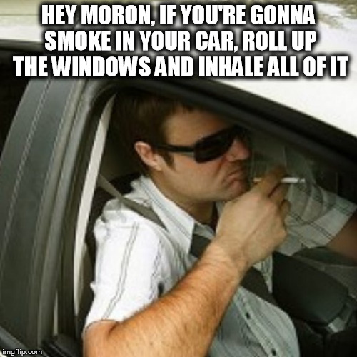 HEY MORON, IF YOU'RE GONNA SMOKE IN YOUR CAR, ROLL UP THE WINDOWS AND INHALE ALL OF IT | image tagged in smoking,car,smokers,cigarette,morons | made w/ Imgflip meme maker